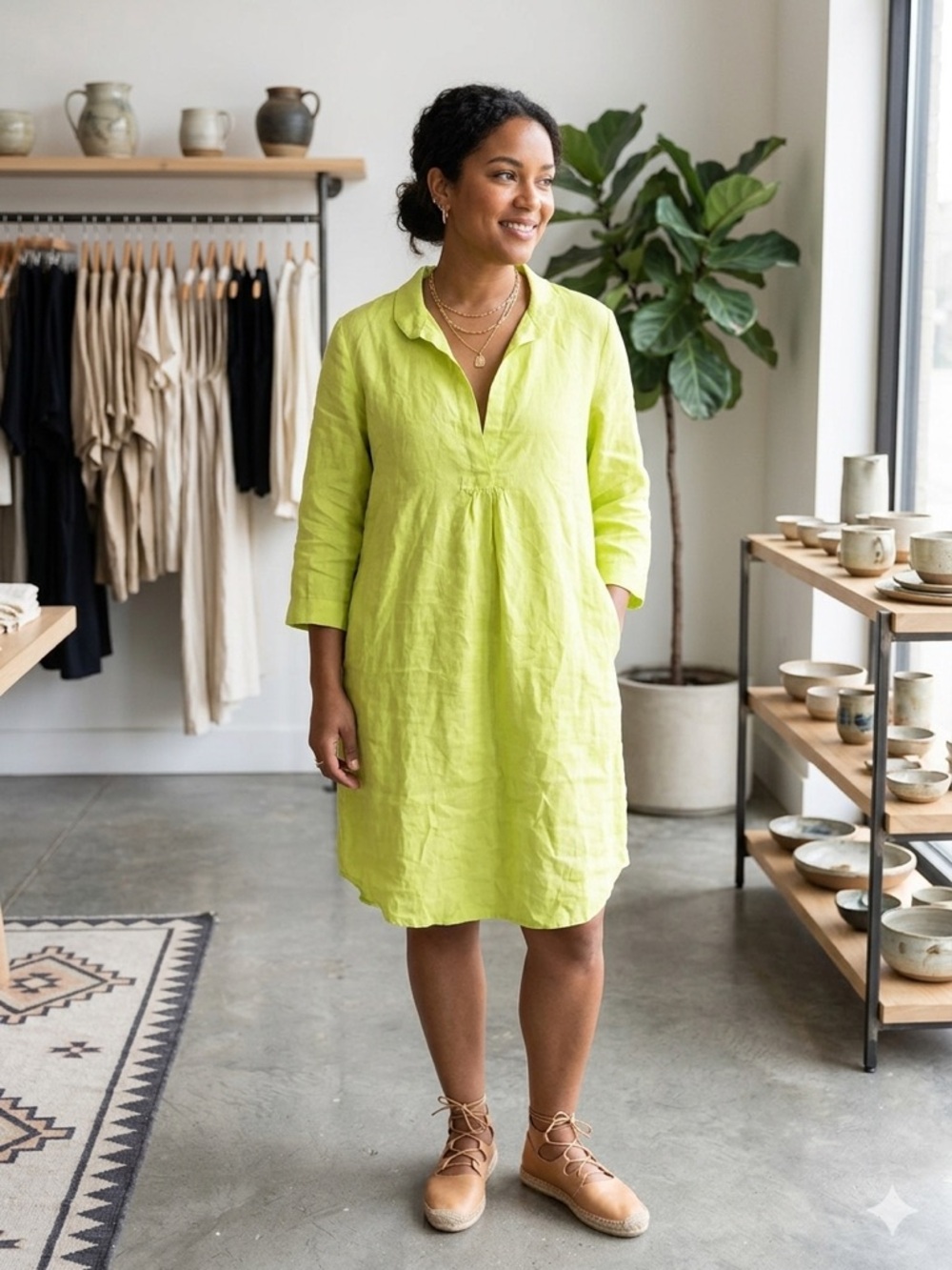 Lino Made in Italy 100% Linen Tunic Dress Shirt Cover Up Chartreuse Lime Green L